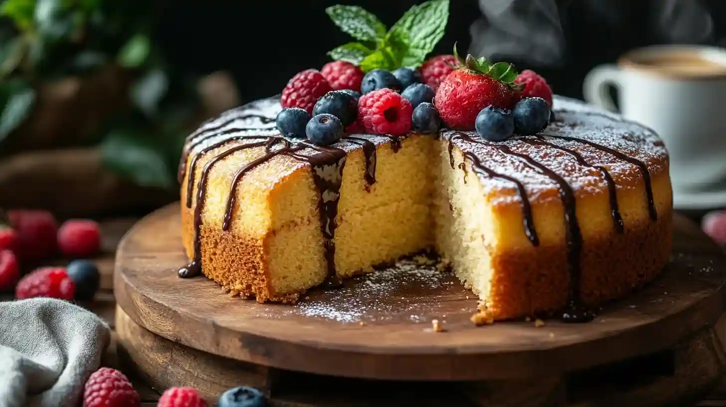 Schnellen Kuchen Thermomix mit Puderzucker, frischen Beeren und Minzblättern dekoriert, auf einem Holzbrett mit Kaffeetasse im Hintergrund.