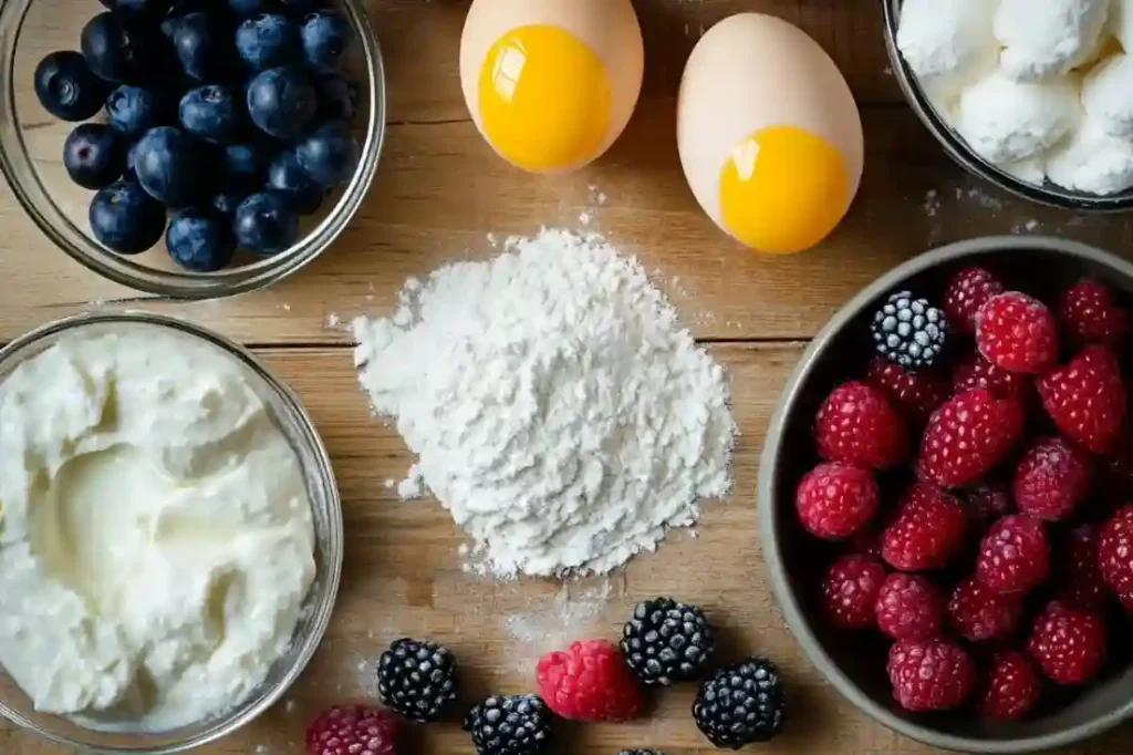 Zutaten für den Quark Schneekuchen mit Pudding auf einer Holzplatte arrangiert