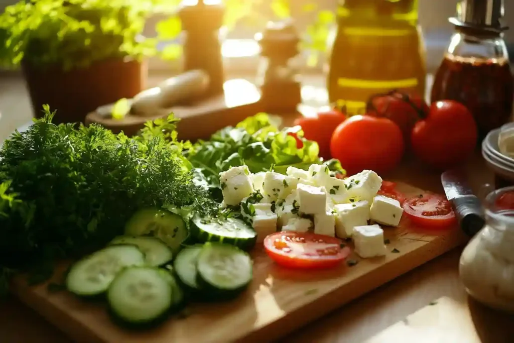 Zutaten für den Türkischen Salat: Tomaten, Gurken, Petersilie und Olivenöl auf einem Holzbrett