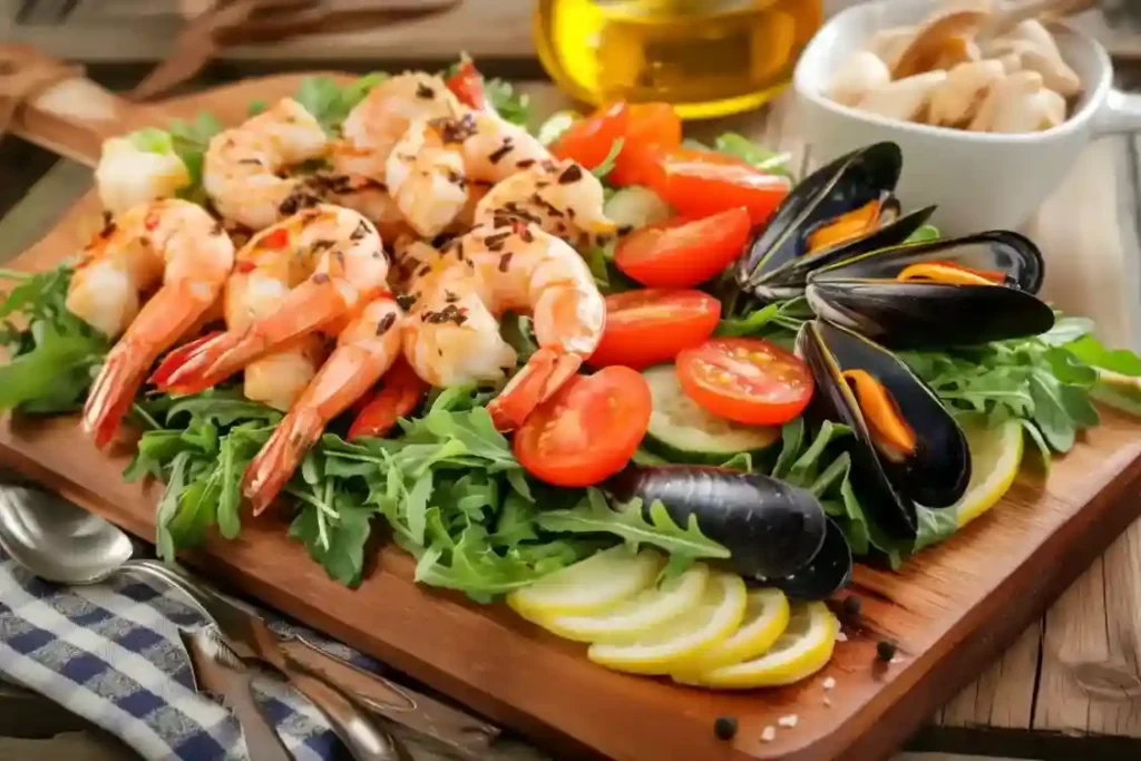 Zutaten für Salat mit Meeresfrüchten: Garnelen, Muscheln, Rucola, Tomaten und Gurke