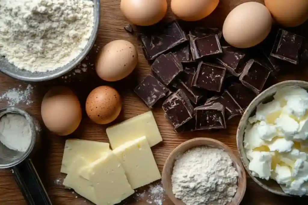 Zutaten für Frischkäse-Brownies, darunter Frischkäse, Mehl, Zucker, Eier und Schokolade, kunstvoll angerichtet.