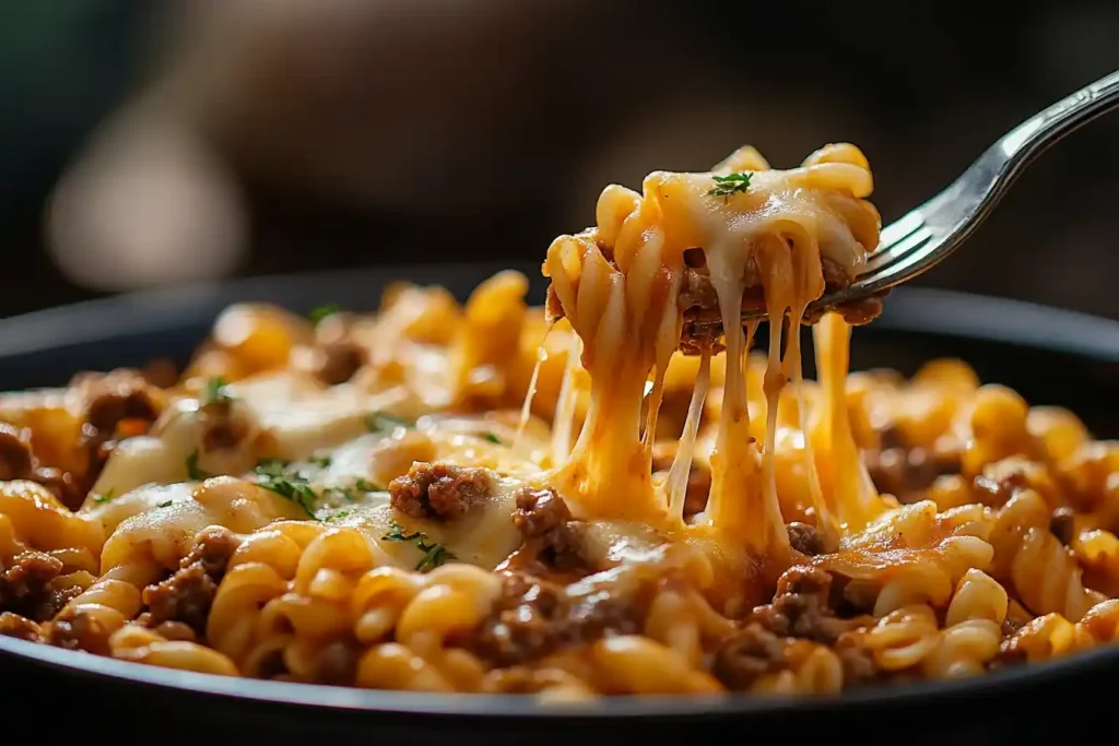 Cheeseburger-Pasta auf einem Holzteller, üppig mit geriebenem Käse und knusprigen Zwiebelringen dekoriert.