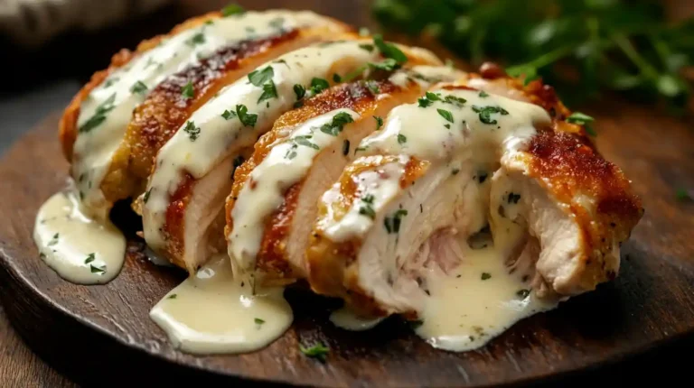 Gekochtes Hähnchen Cordon Bleu mit geschmolzenem Schweizerkäse auf einem weißen Teller