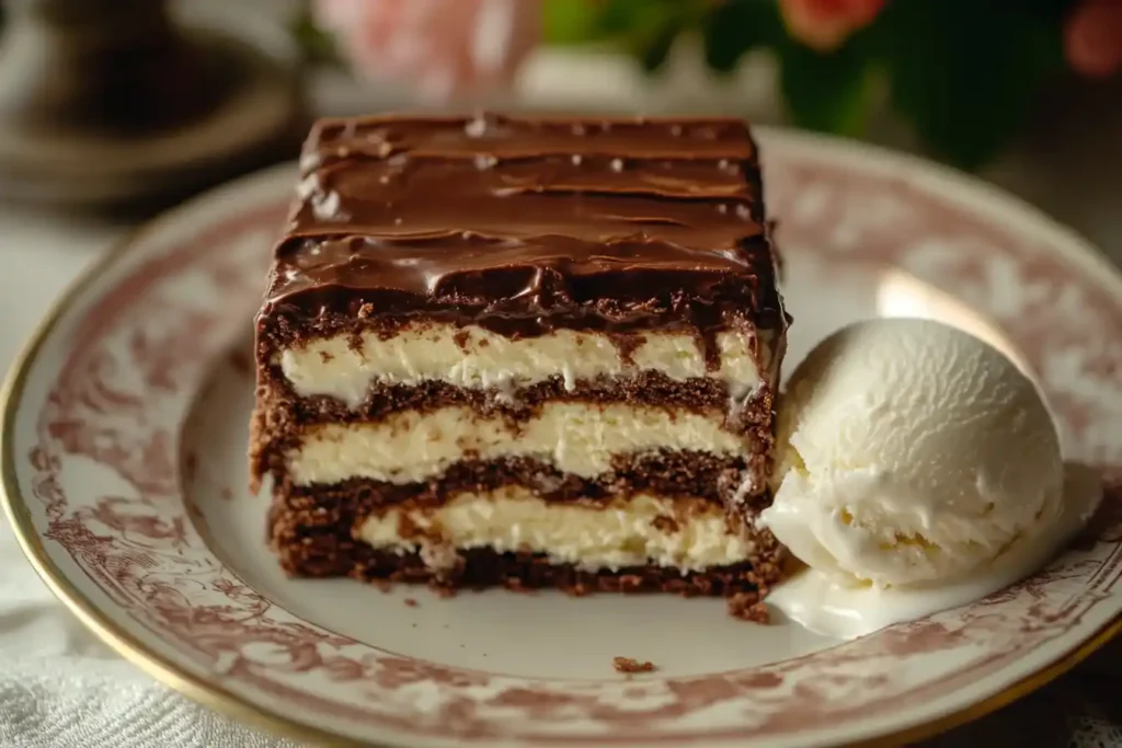 Frischkäse-Brownie beim Zerschneiden, das den cremigen Kern und geschmolzene Schokolade offenbart.