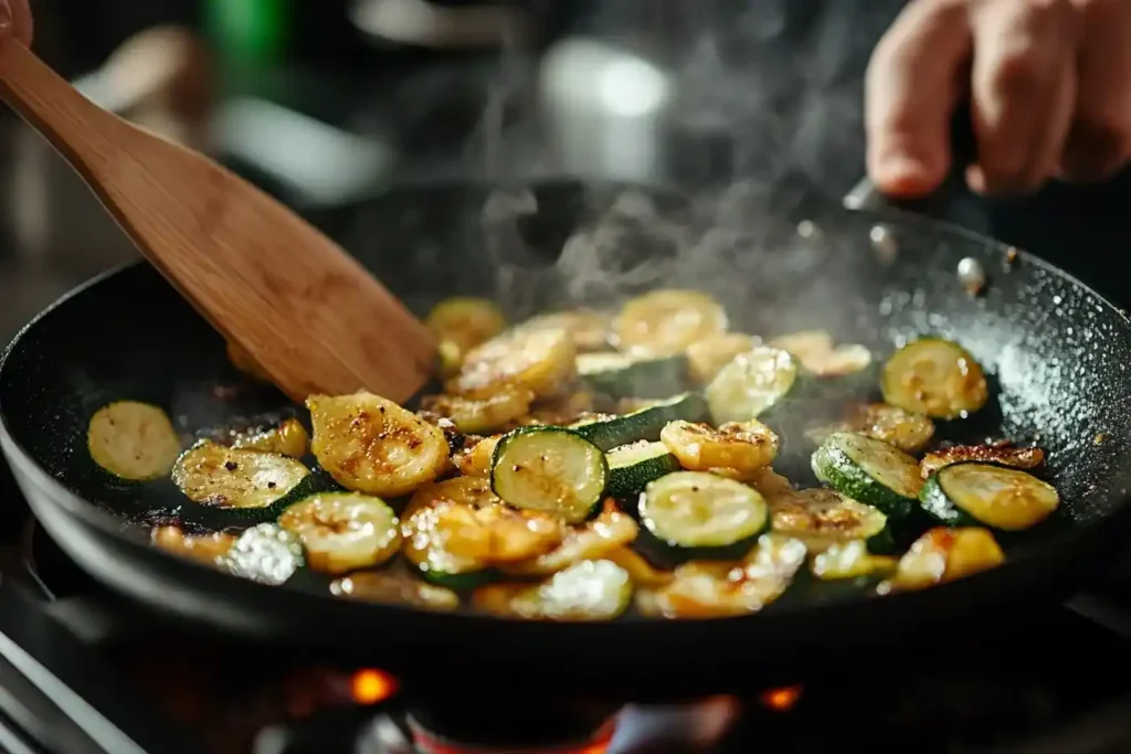 Reispfanne mit Zucchini – Anbraten der Zucchini in einer Pfanne