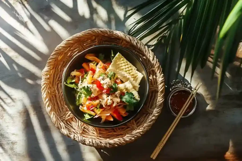 Detailaufnahme des Papaya-Salats mit sichtbaren Texturen von Papaya, Karotten und Kräutern sowie einer cremigen Sauce.