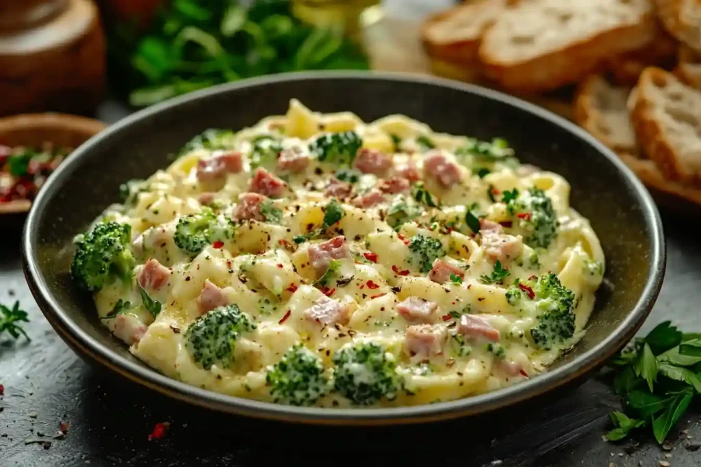 Detailaufnahme der Brokkoli-Schinken-Pasta mit seidiger Sauce und knackigem Schinken.