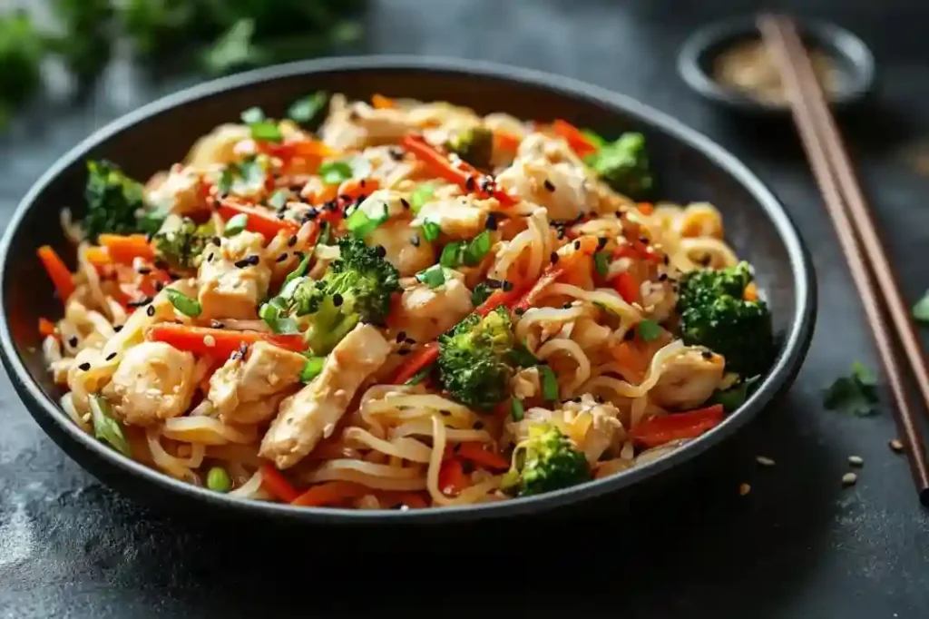 Close-up von Gebratene Nudeln mit Hähnchen, garniert mit Kräutern und Chili.