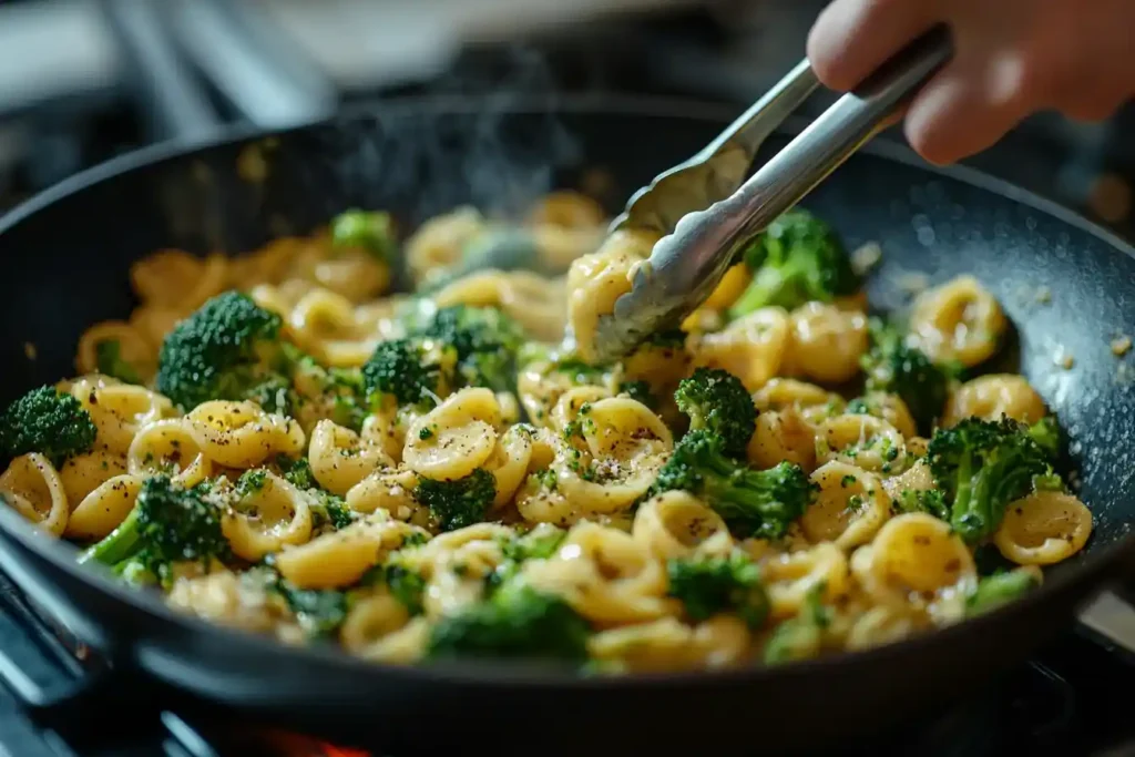 Ein Koch rührt die Soße für die Cremige Erdnuss Brokkoli Orecchiette Pasta in einem Topf