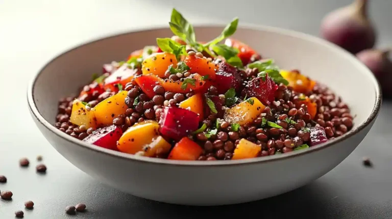 Rote-Bete-Linsen-Salat mit frischen Kräutern und knusprigen Samen in einer Glasschüssel