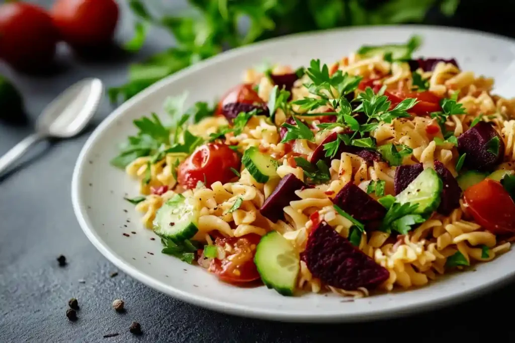 Risoni Salat Fertig: Ein prächtiges Gemisch aus Pasta, Gemüse und Kräutern auf einem weißen Teller.