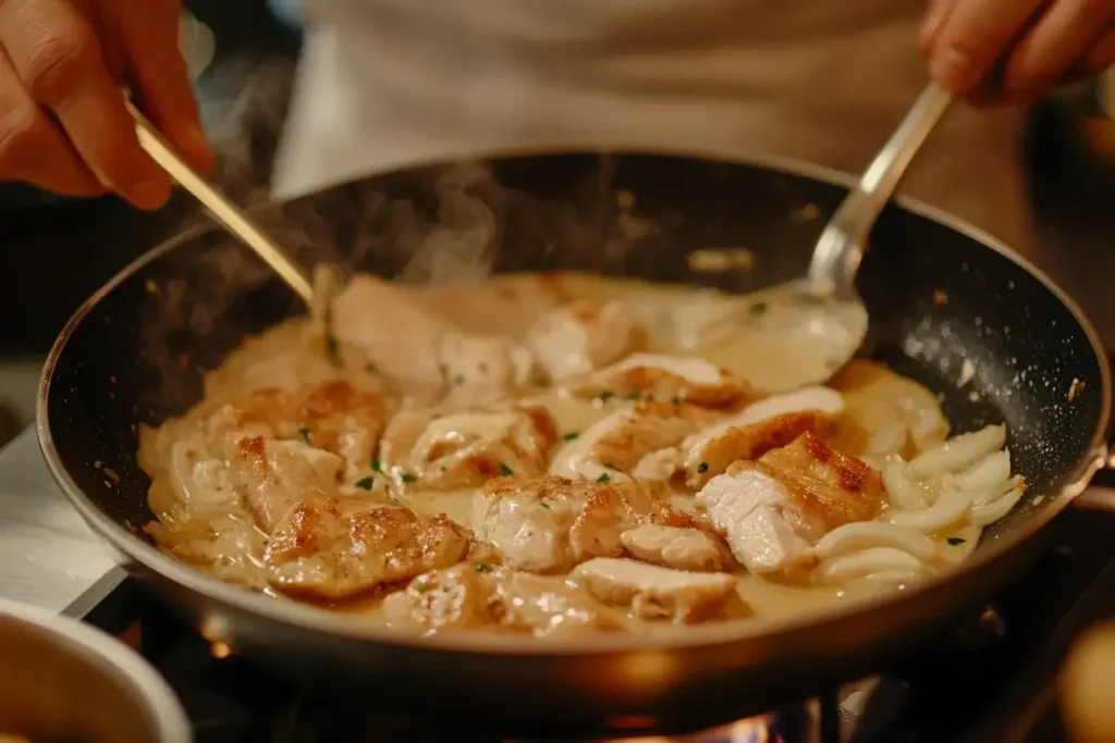 Zubereitung von Hähnchengeschnetzeltes mit Sahne: Gebratenes Huhn in einer Pfanne mit Zwiebeln und Sahnesoße.