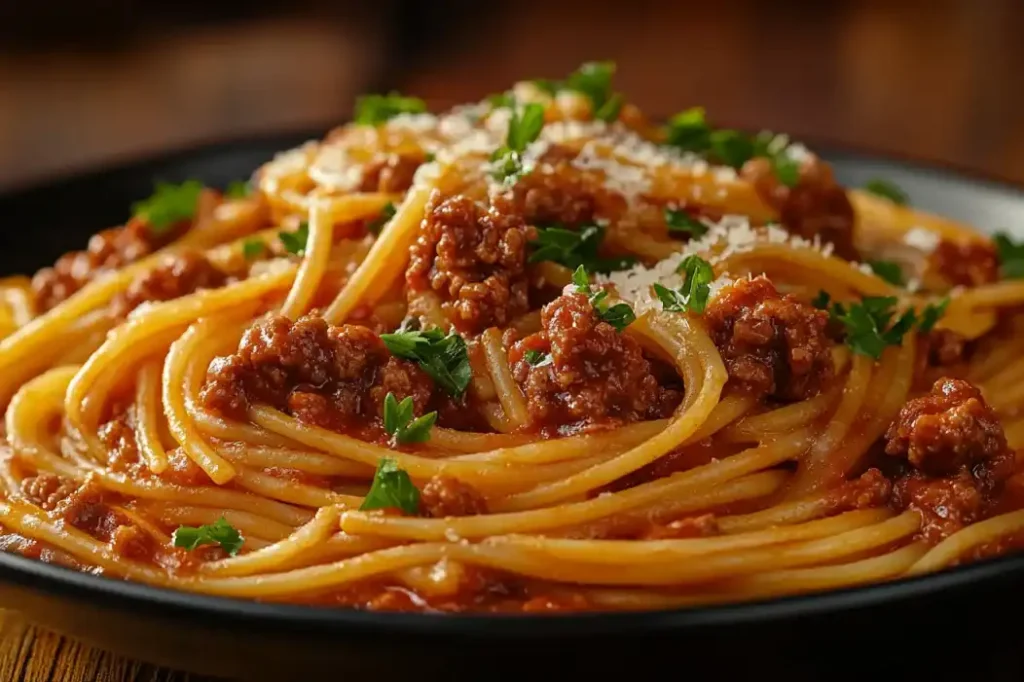 Fertiges One Pot Pasta mit Hackfleisch in einer Schüssel, mit dampfender Sauce und frischem Brot daneben.