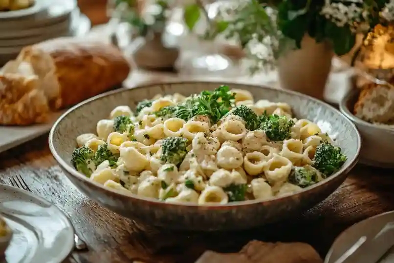 Cremige Erdnuss Brokkoli Orecchiette Pasta auf einem rustikalen Holztisch mit Kerzenbeleuchtung