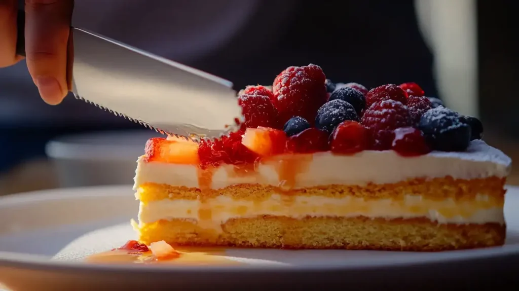 Servierter Quark Schneekuchen mit Pudding auf einem weißen Teller mit Sahne und Nüssen