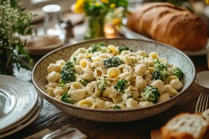 Cremige Erdnuss Brokkoli Orecchiette Pasta in einer großen Schüssel für gemeinsames Servieren