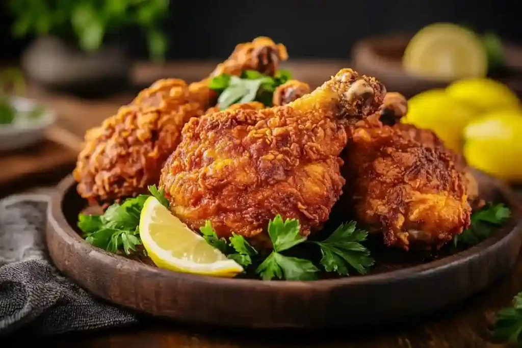 Familiengröße Hähnchen aus der Heißluftfritteuse auf einem großen Schieferplatte mit Kartoffelpüree und saisonalen Grünzeug, serviert in strahlendem Sonnenlicht.