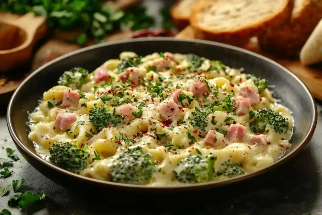 Fertige Brokkoli-Schinken-Pasta mit Olivenöltröpfchen und Chili, umgeben von Kräutern und knusprigem Brot.