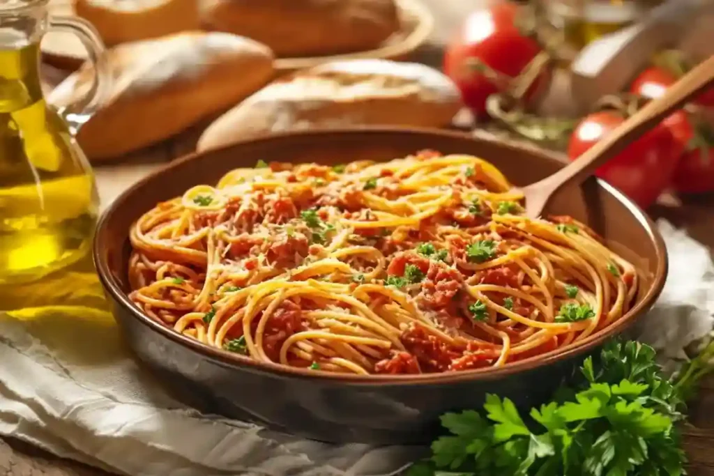 Nudeln mit Tomatensoße: Ein familienfreundliches Gericht, serviert mit knusprigem Baguette und Rotwein zur Vollendung.