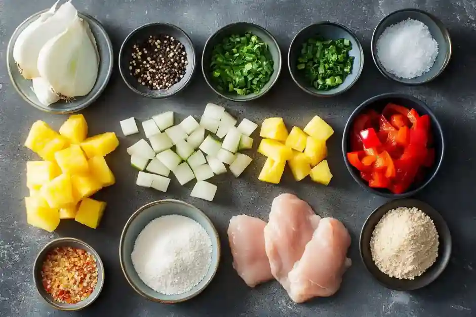 Zutaten für Hähnchen Süß-Sauer: Huhn, Ananas, Paprika und Zwiebeln auf einem Holzbrett