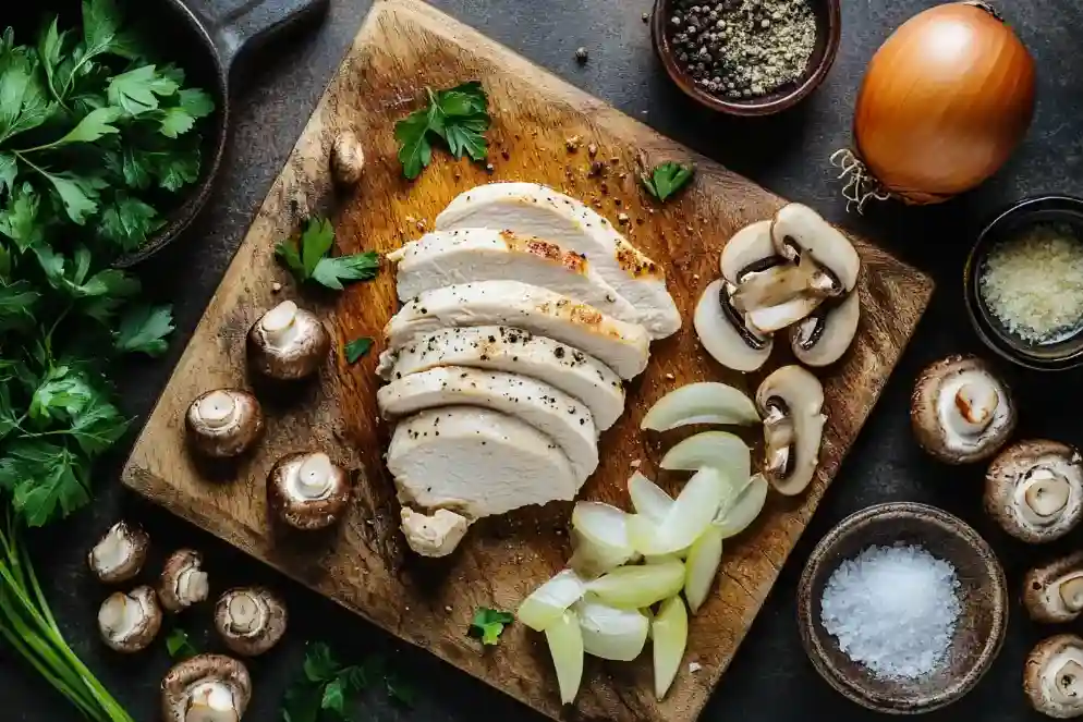 Zutaten für Hähnchengeschnetzeltes mit Sahne: Huhn, Zwiebeln, Sahne und Pilze auf einem Holzbrett.