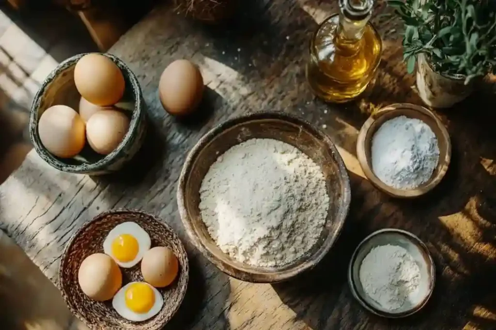 Zutaten für selbstgemachtes Keto Brot auf einem Holztisch