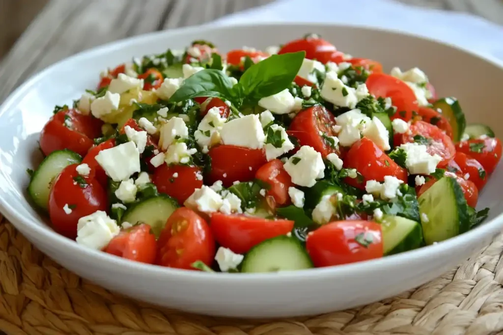 Türkischen Salat auf einem rustikalen Holztisch mit frischen Zutaten und Zitronendressing