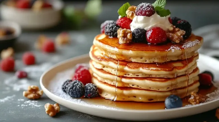 Gesundes Keto Frühstück mit Pfannkuchen, Beeren und Kokoscreme serviert.