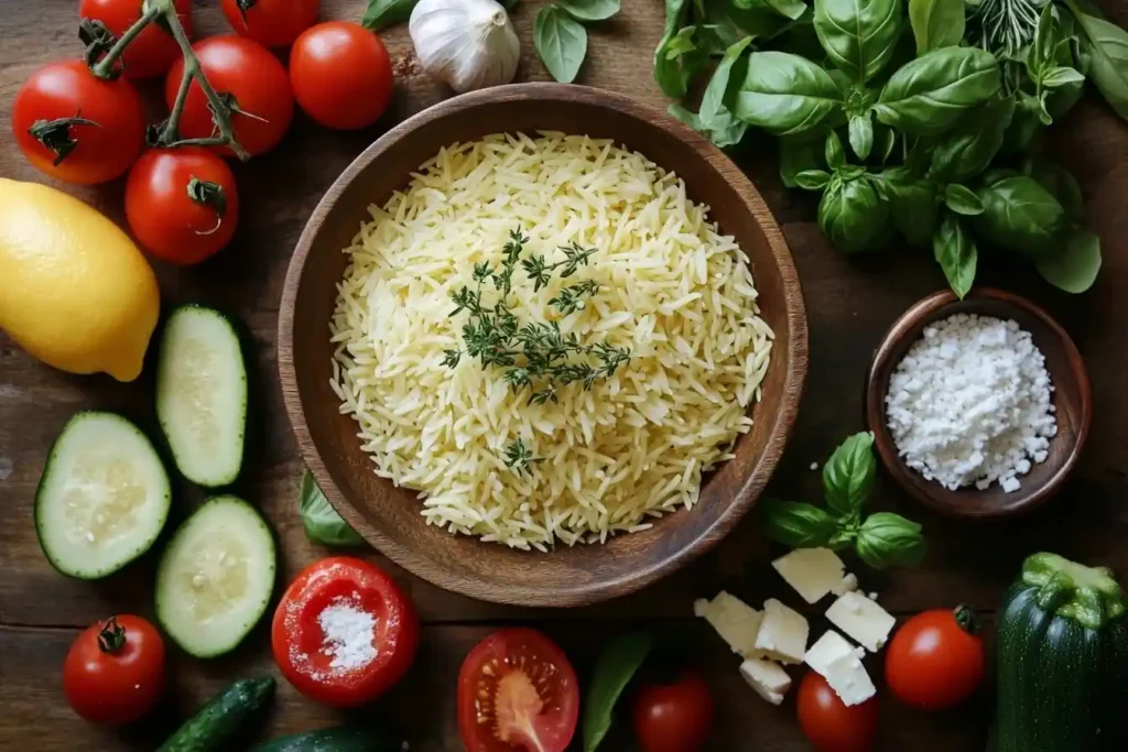 Griechische Nudeln - Eine mediterrane Kritharaki-Pfanne mit griechischen Nudeln, buntem Gemüse, Olivenöl und frischen Kräutern, serviert in einer rustikalen Schale.