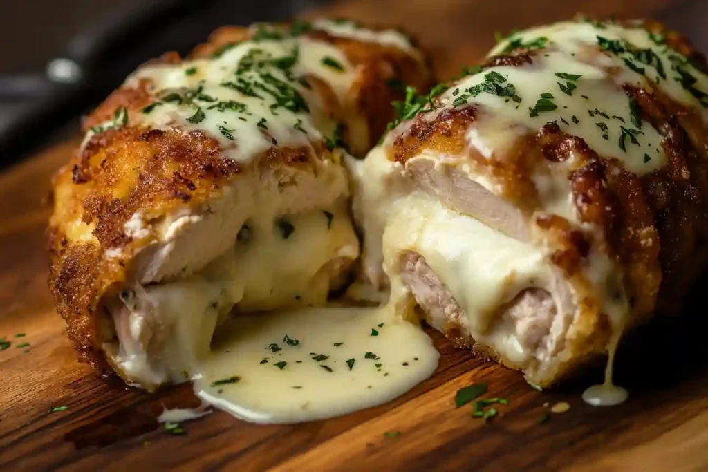 Schnitt durch ein Hähnchen Cordon Bleu mit sichtbarem geschmolzenem Schweizerkäse