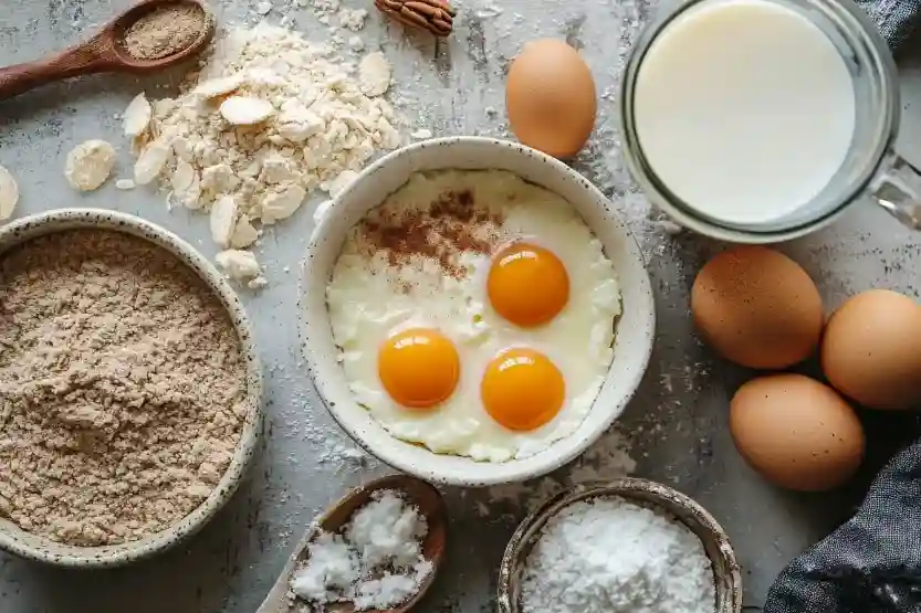 Zutaten für ein leckeres Keto Frühstück auf einem Holzbrett mit Eiern, Kokosmilch und Mandelmehl.