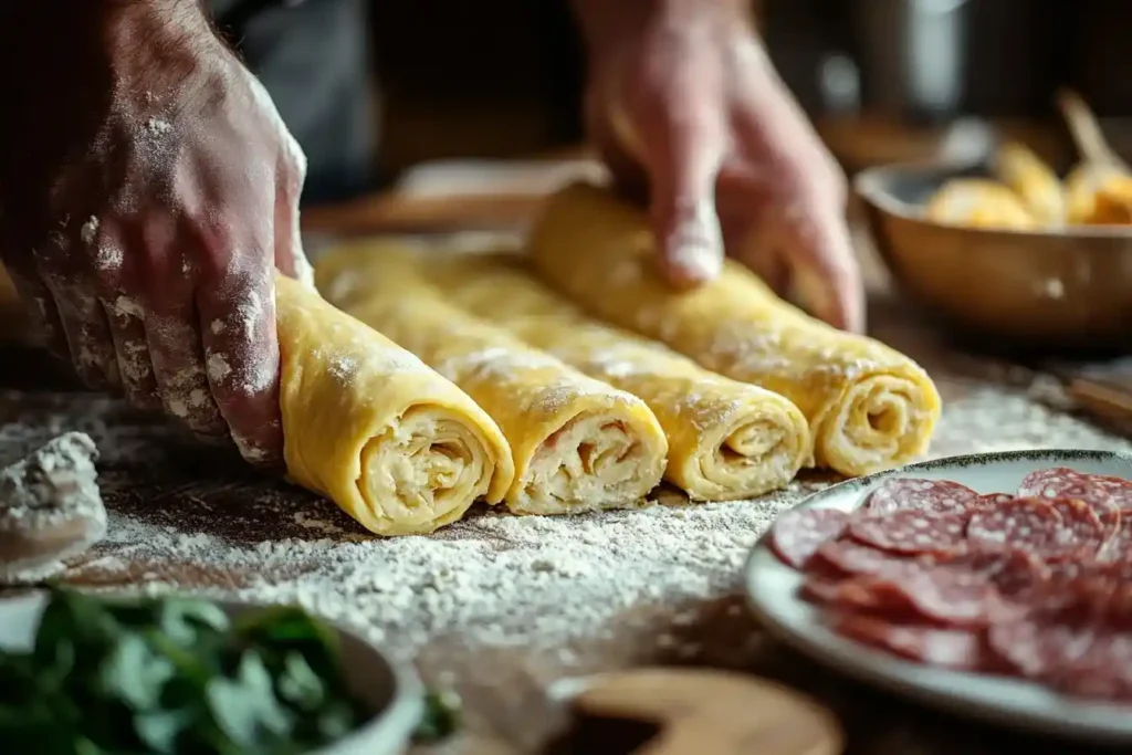 Hands formen einen Keto-Pizzarolle-Teig ohne Mehl auf einer Arbeitsplatte