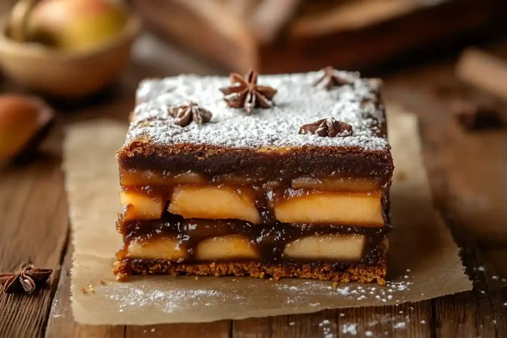 Halboffener Zimtschnecken-Apfelkuchen mit sichtbarer Füllung aus Äpfeln und Zimt auf einer antiken Servierplatte.