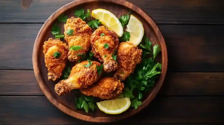 Hähnchen aus der Heißluftfritteuse mit knuspriger Kruste, garniert mit Petersilie und Zitronenscheiben auf einem rustikalen Holzteller.