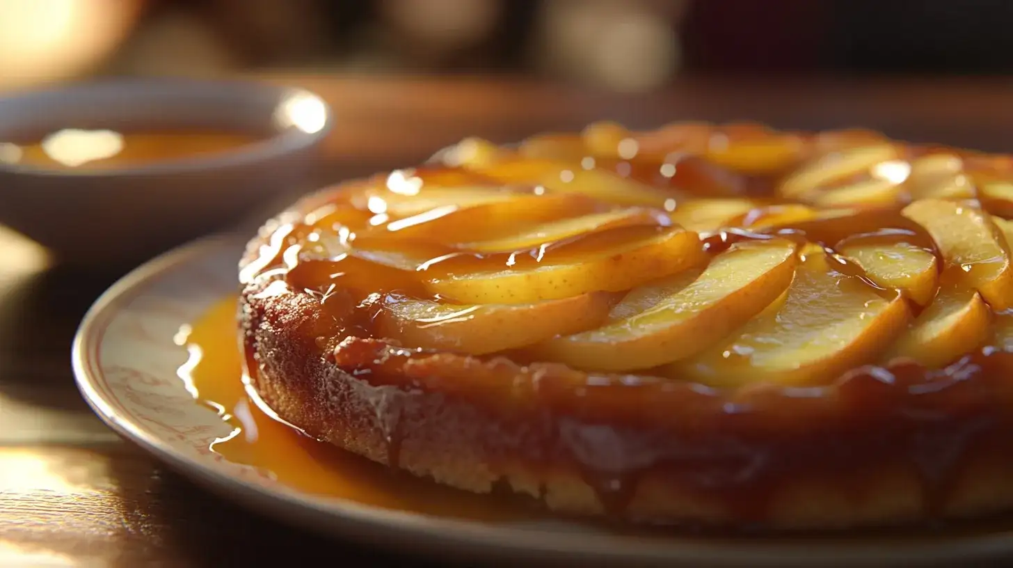 Französischer Apfelkuchen: Vollendet mit Puderzucker auf einer Vintage-Teller