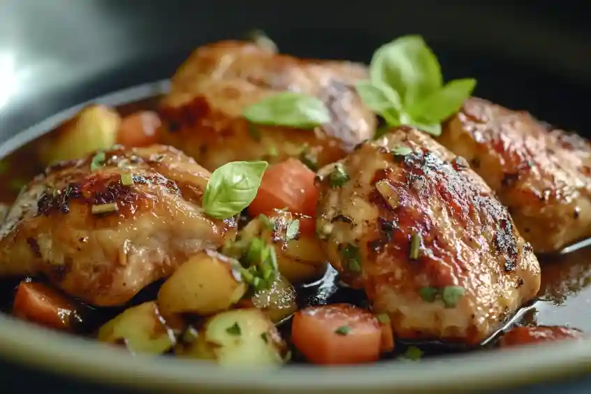 Hähnchen Süß-Sauer mit glänzender Soße und farbenfrohem Gemüse