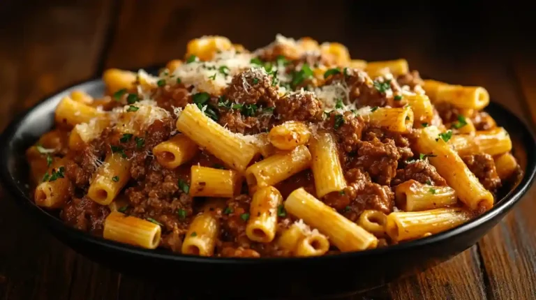 One Pot Pasta mit Hackfleisch auf einem Teller, garniert mit Petersilie und Parmesan, in einer rustikalen Küche dargestellt