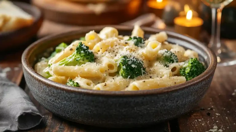 Fertiges Gericht Penne mit Brokkoli in cremiger Käsesoße in einer tiefen Schüssel auf einem rustikalen Holztisch serviert.