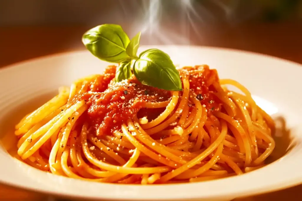 Nudeln mit Tomatensoße: Perfekt angerichtet mit Basilikum und Parmesan, bereit zum Verzehr.