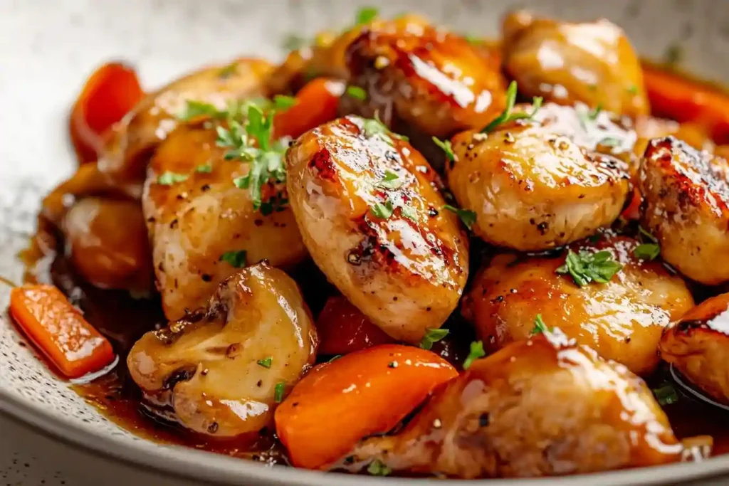 Servierfertiges Hähnchen Süß-Sauer mit Ananas und Reis auf einem rustikalen Tisch