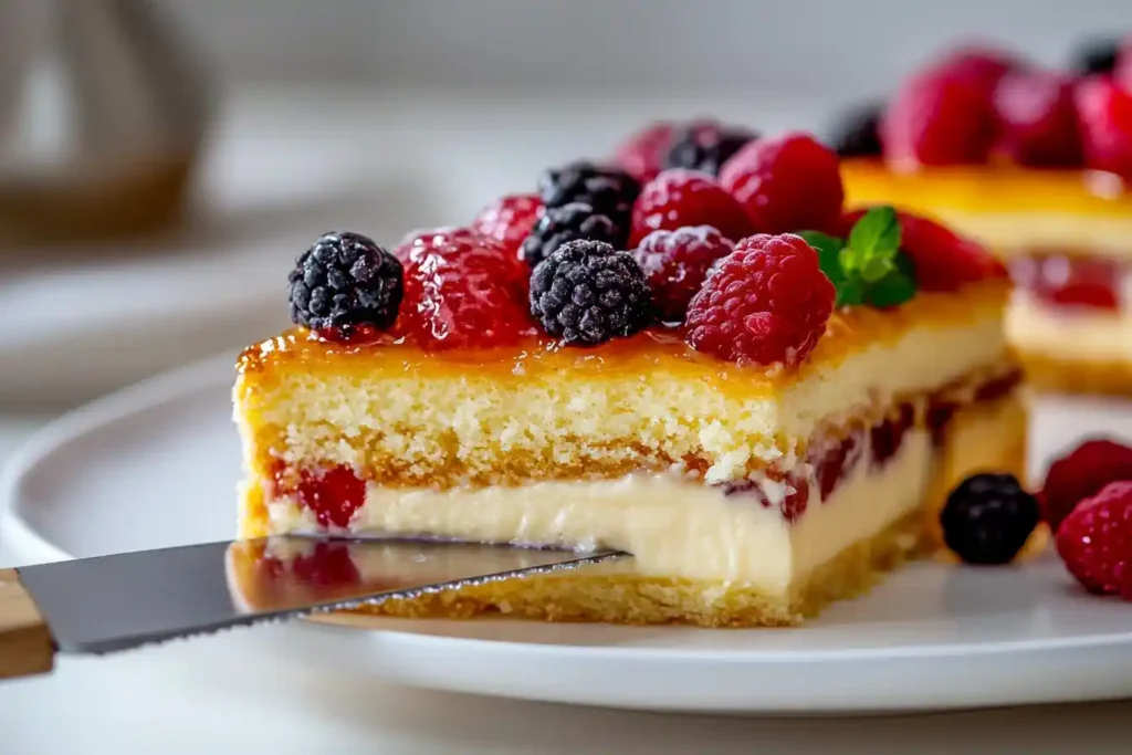 Detailaufnahme des Quark Schneekuchens mit Pudding und frischen Früchten