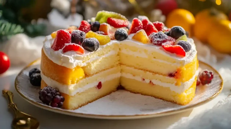 Quark Schneekuchen mit Pudding: Ein goldener Kuchen mit frischen Beeren und Puderzucker