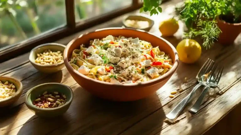 Risoni-Salat mit Feta in einer rustikalen Schüssel auf einem Holztisch.