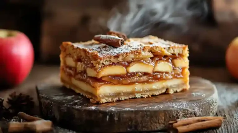 Zimtschnecken-Apfelkuchen mit weichem Teig, karamellisierten Äpfeln und duftendem Zimt auf einer rustikalen Holzplatte.