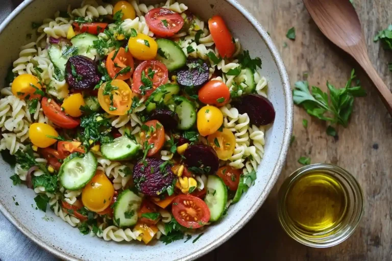 Fertiger Risoni Salat: Einfarbenfrohes Arrangement mit Tomaten, Gurke und Rote Beete.