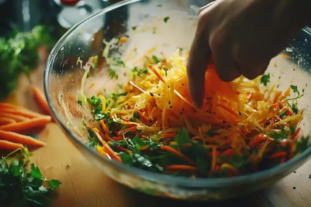 Chef schneidet eine reife Papaya in dünne Streifen für den Papaya-Salat.