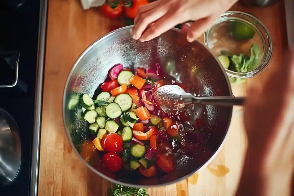 Risoni Salat Zubereitung: Die Zutaten werden in einer großen Schüssel sorgfältig gemischt.