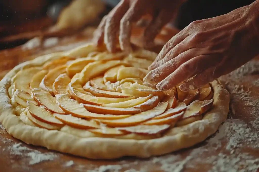 Vorbereitung des Zimtschnecken-Apfelkuchens: Teig wird mit Apfel-Zimt-Füllung belegt.