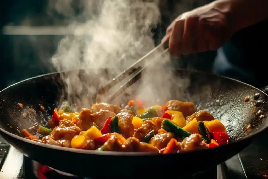 Vorbereitung von Hähnchen Süß-Sauer: Gebratenes Huhn im Wok mit Gemüse