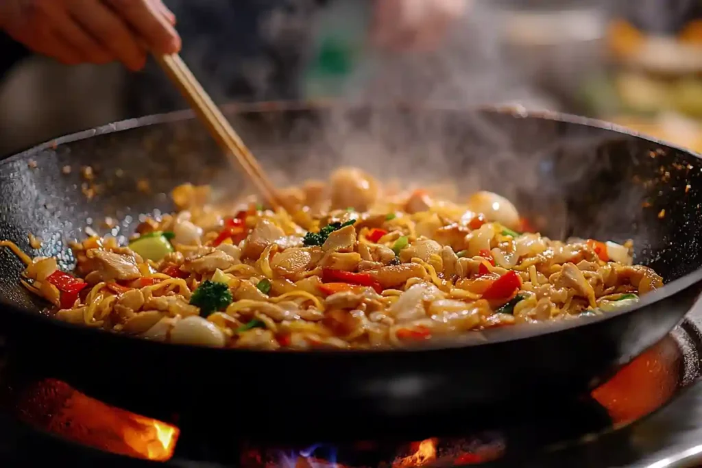 Vorbereitung von chinesischen gebratenen Nudeln mit Hähnchen, Ei und Gemüse im Wok